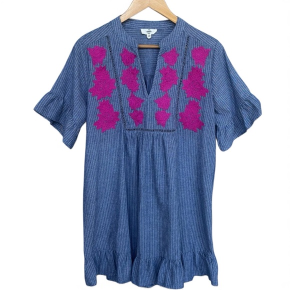 Entro Floral Embroidered Chambray Blue & White Pinstripe Tunic Dress Size Medium - Picture 3 of 11